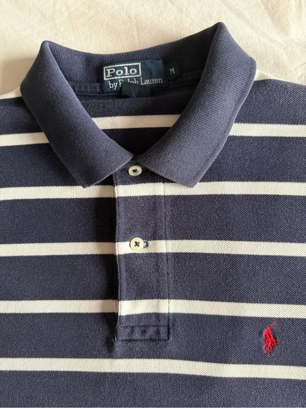 Polo Ralph Lauren Striped Polo Shirt M Navy White Cotton Red Pony